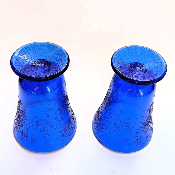 VTG Depression Glass Cobalt Blue 2 Foot ed Glasses Hazel Atlas Florentine Poppy - Picture 6 of 9